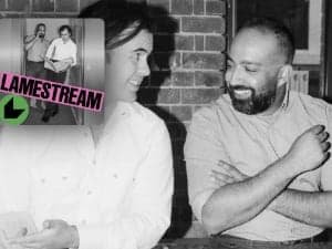 Black and white photo collage of Osman Faruqi and Scott Mitchell and the Lamestream logo